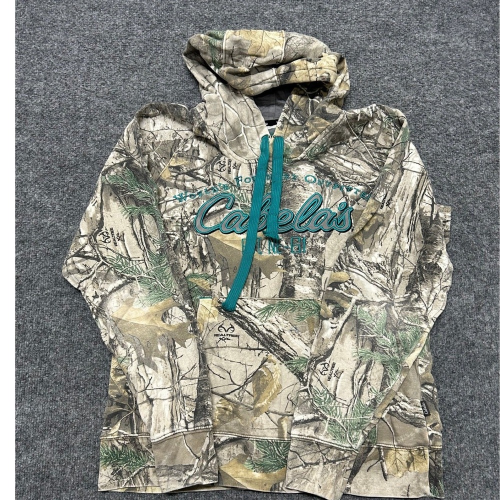 Cabelas Hoodie Womens Size M Camo Realtree Pullover Teal Logo Outdoor Casual